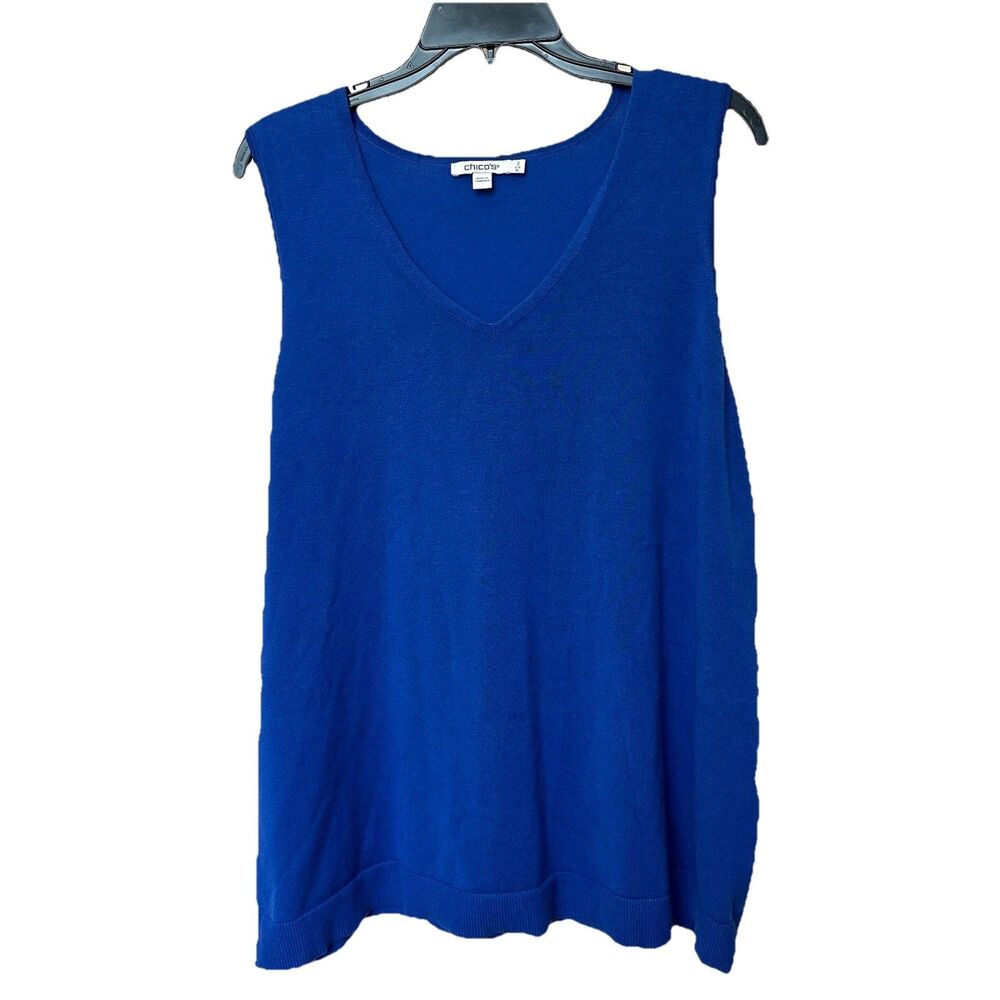 Chico's Women's Tank Top Size 3/XL V Neck Blue Rayon Knit Preppy Minimalist City